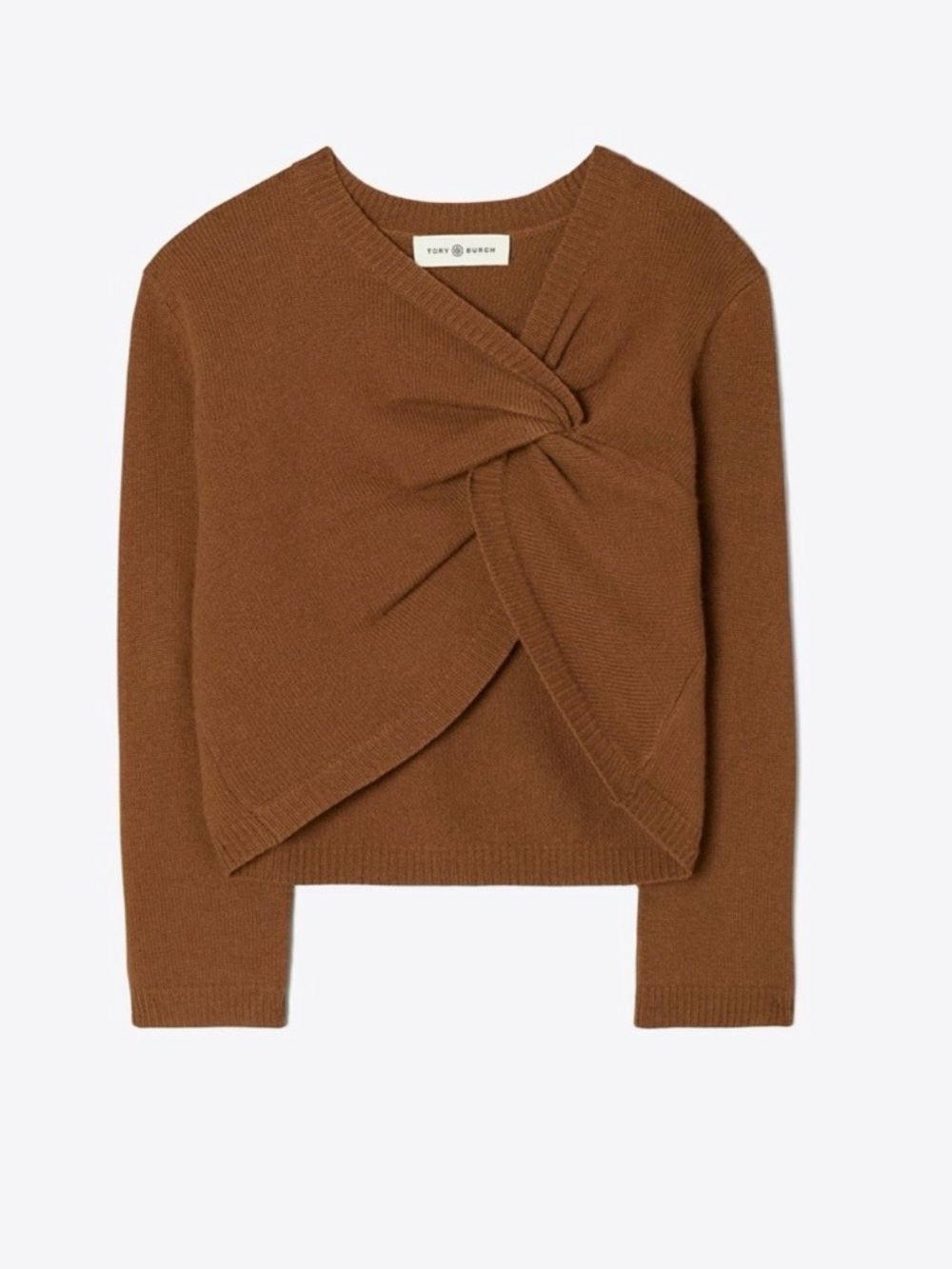 Tory Burch Brown Twist-Front Cashmere Knit Shrig